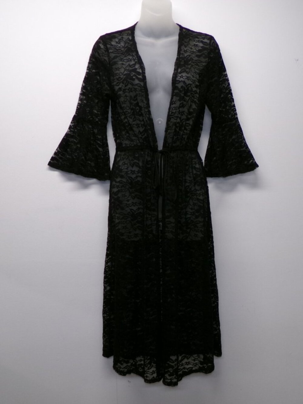 Vtg Y2K Charlotte Russe Kimono Duster Black Sheer sz S Tie Front Whimsigoth Goth